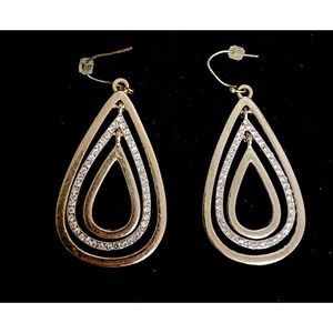 Vintage Gold Concentric Simulated Diamonds Teardrop Earrings 1.5 inch Pierced